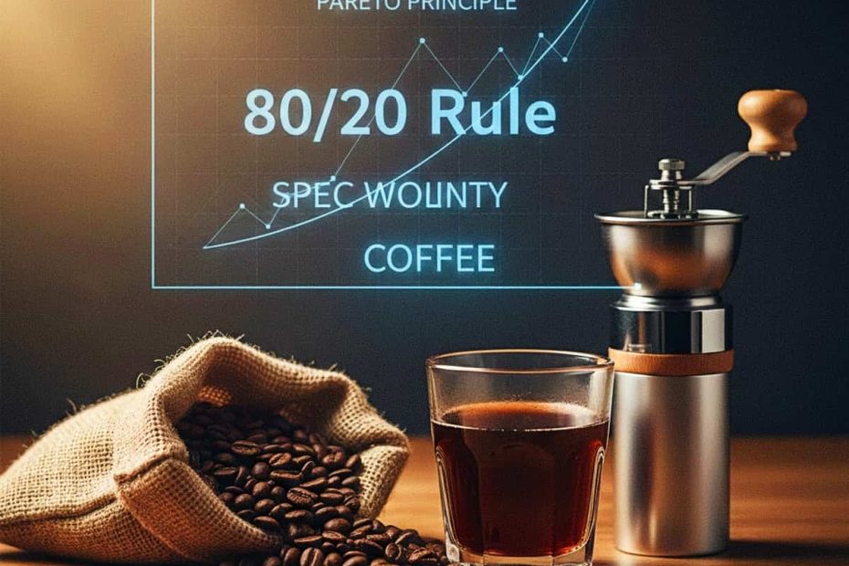 A professional coffee setup with specialty beans and a burr grinder, featuring a digital overlay of the 80/20 Pareto Principle graph.