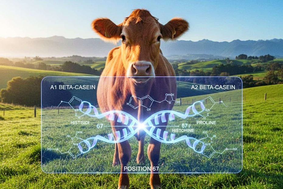 A Jersey cow in a green field with a digital overlay showing the DNA structure of A1 and A2 beta-casein proteins.