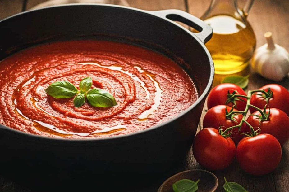 A thick red tomato sauce with a basil leaf on top inside a black cast-iron pot, surrounded by fresh tomatoes and olive oil.