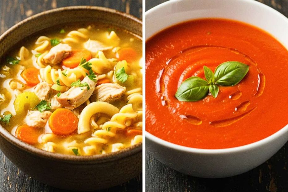 A split-screen comparison showing a bowl of chicken noodle soup and a bowl of tomato soup on a dark wooden table.