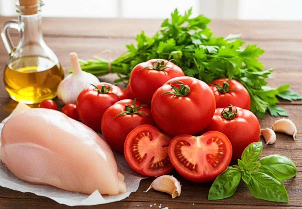 Fresh tomatoes, basil, garlic, a bottle of olive oil, and raw chicken breast arranged on a rustic wooden table.