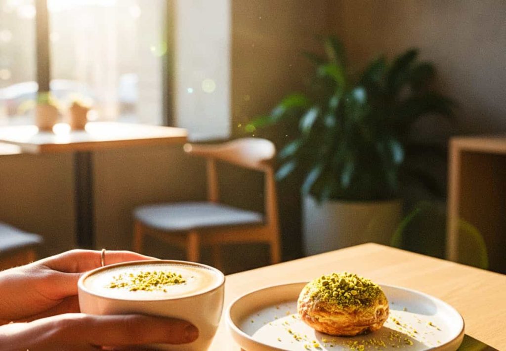 A gourmet pistachio pastry in a modern cafe setting.