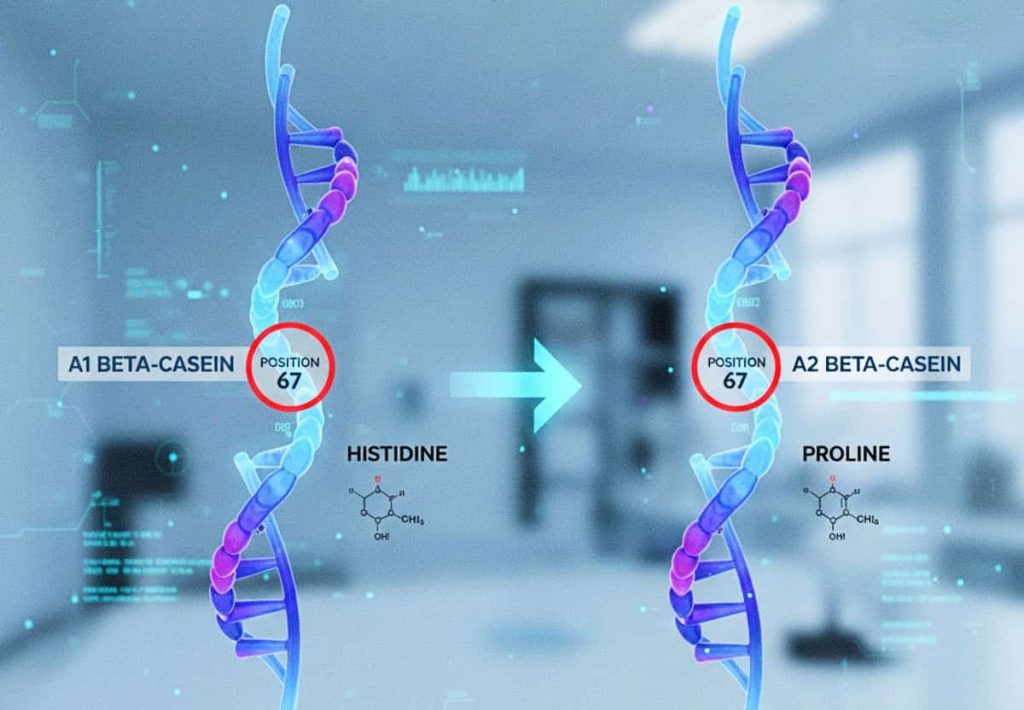 Infographic showing the molecular difference at position 67 of the protein chain, comparing Histidine in A1 milk and Proline in A2 milk.