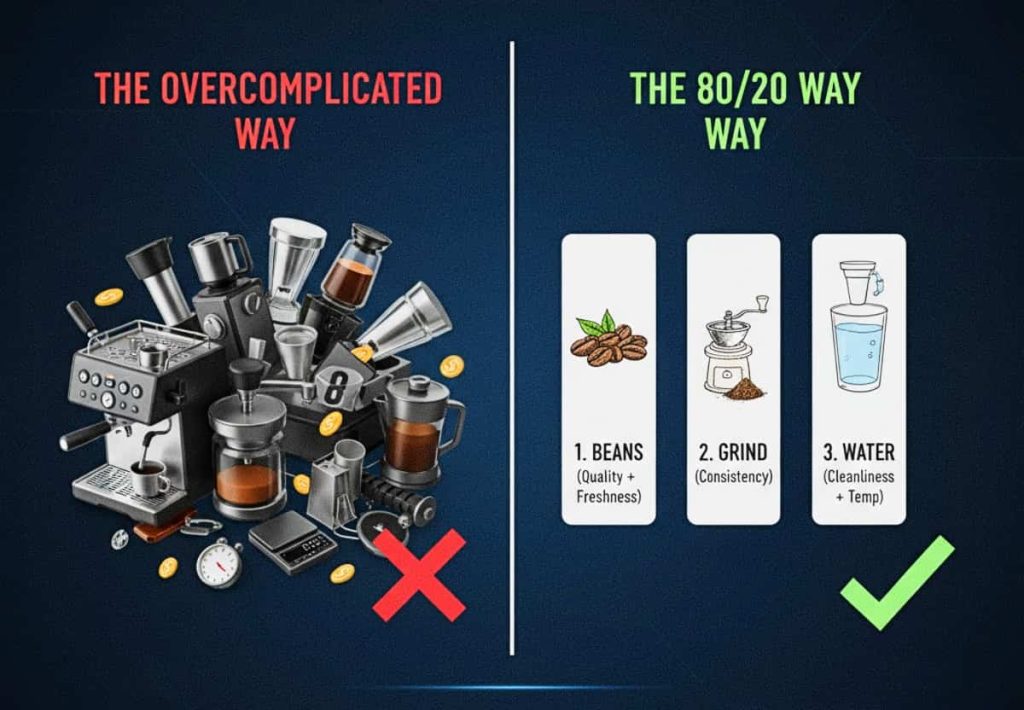 Infographic comparing 'The Overcomplicated Way' with many gadgets versus 'The 80/20 Way' focusing on Beans, Grind, and Water.