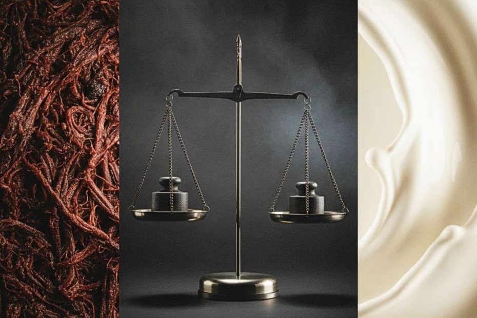 A split-screen editorial image with a precision scale in the center, comparing milky white textures with fibrous dark red beef textures.