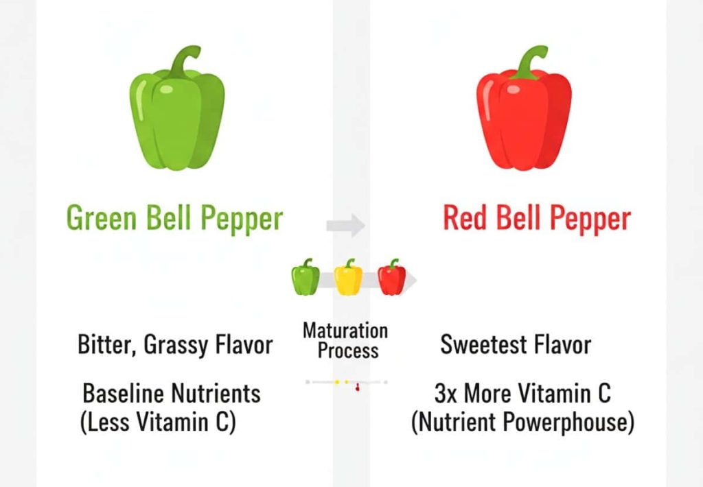 Red yellow and green bell peppers nutrition facts and ripening stages