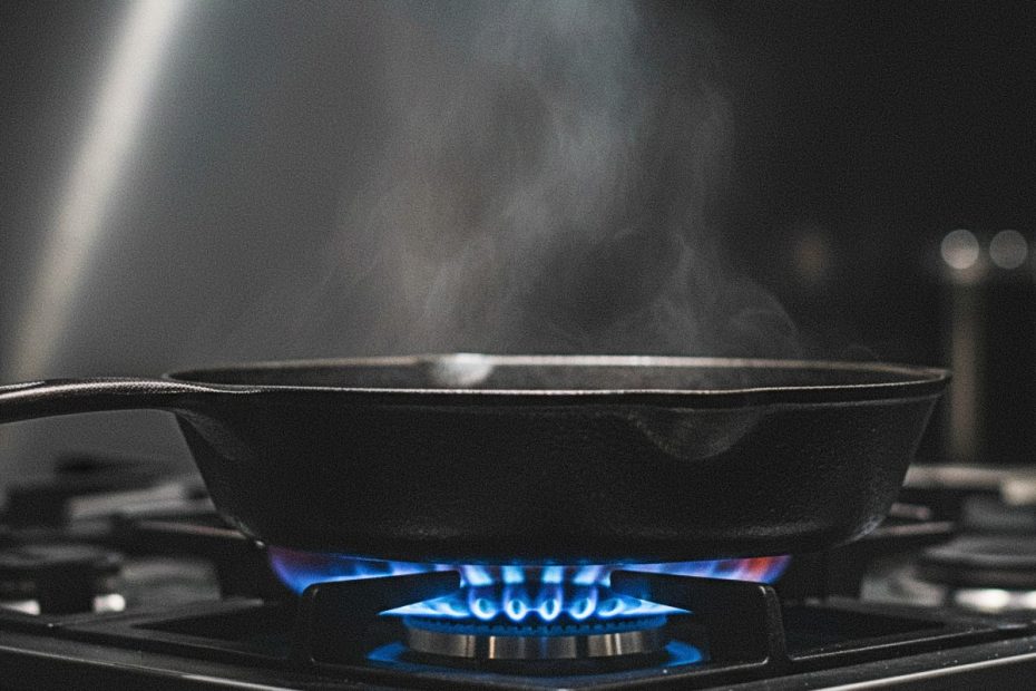 A heavy black cast iron skillet sitting on a professional gas stove with intense blue flames and steam rising.