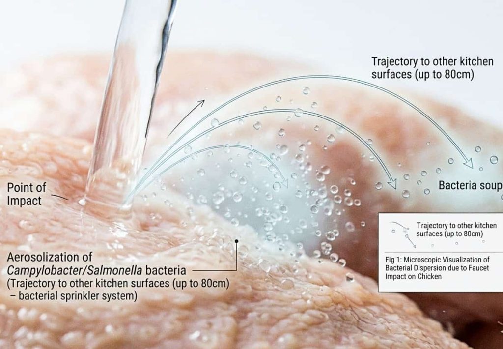 Scientific diagram showing the 80cm trajectory of bacteria aerosolization when washing poultry.