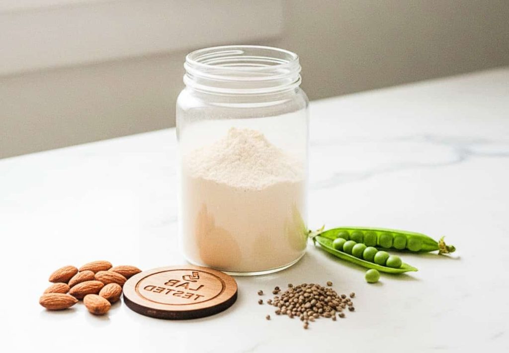 A clean marble countertop with a glass jar of protein powder, fresh peas, almonds, and a wooden seal engraved with "Lab Tested".
