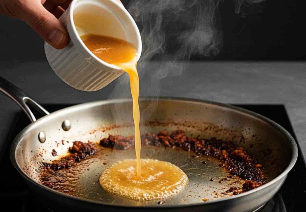 A golden brown seared chicken breast being lifted from a stainless steel pan.