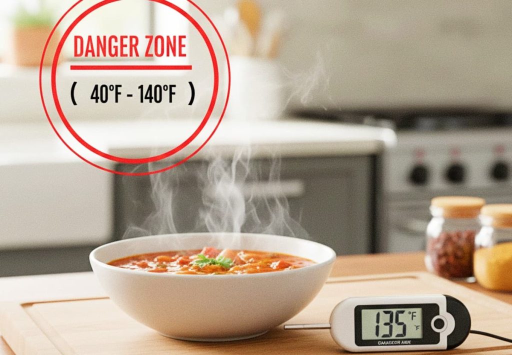 Digital kitchen thermometer showing 135 degrees Fahrenheit in a bowl of soup.