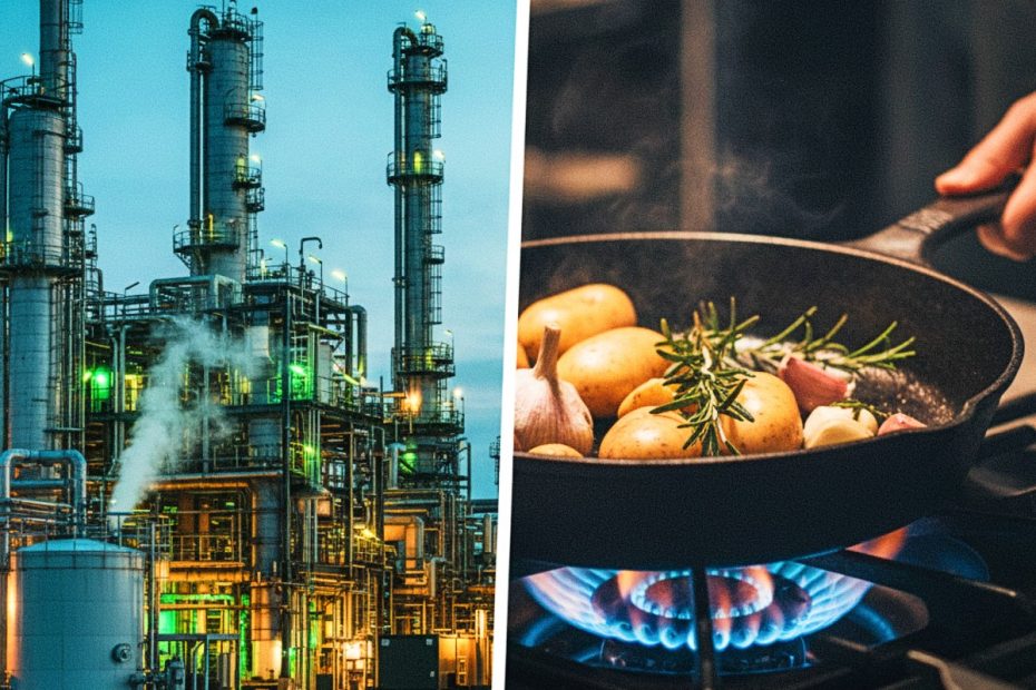 Modern air fryer on a kitchen counter with a visual split between golden cooked food and scientific chemical overlays.