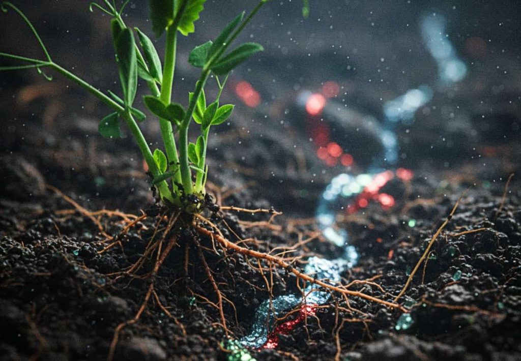 Macro photography of plant roots in dark soil with glowing metallic veins representing lead and mercury absorption.