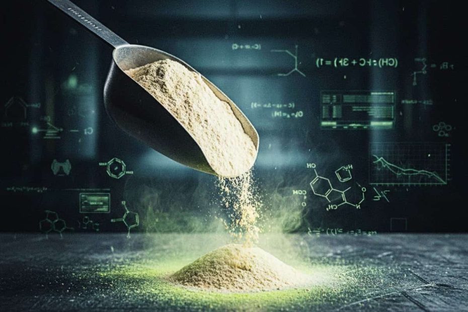 A scoop of plant protein powder being poured onto a dark surface with overlaying chemical formulas and laboratory background.