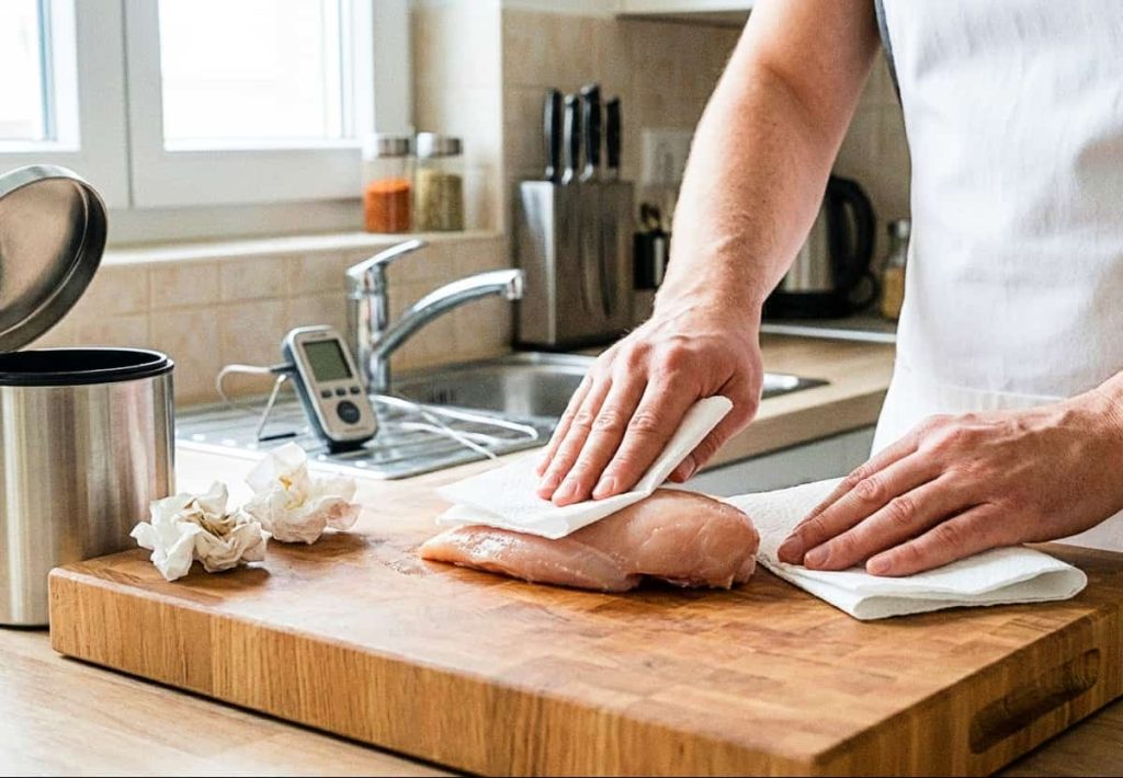Hands using a paper towel to pat dry a raw chicken breast on a wooden cutting board.