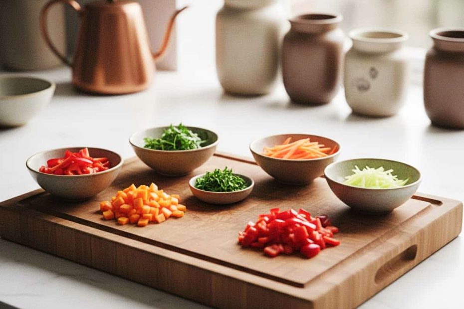 Neatly prepped vegetables in bowls on a clean kitchen counter.