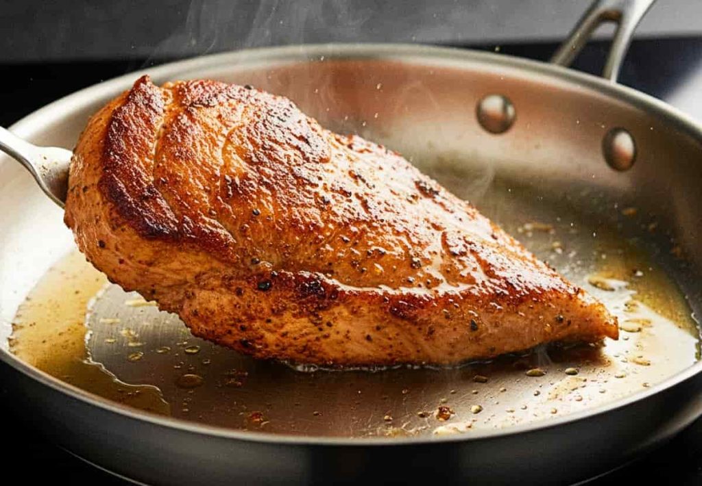 A golden brown seared chicken breast being lifted from a stainless steel pan.