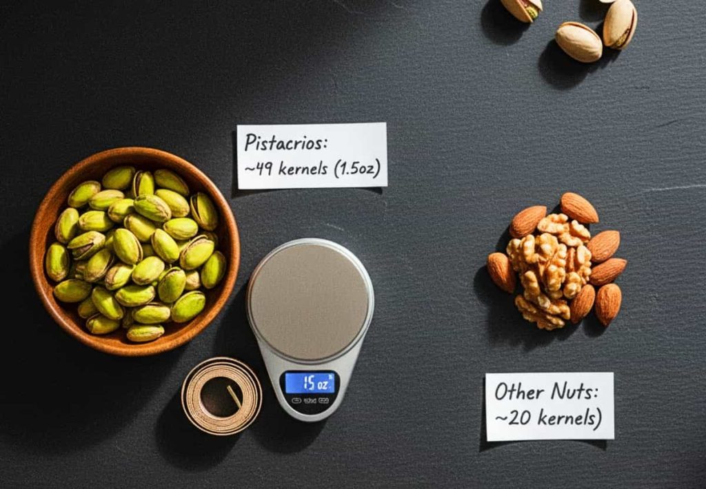 A nutritional comparison showing a 49-kernel serving of pistachios versus a smaller portion of other nuts, emphasizing volume and satiety.