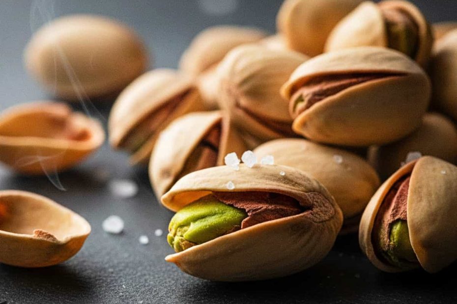 Close-up of vibrant green and purple pistachios on a dark stone surface, highlighting their natural antioxidants and healthy fats.