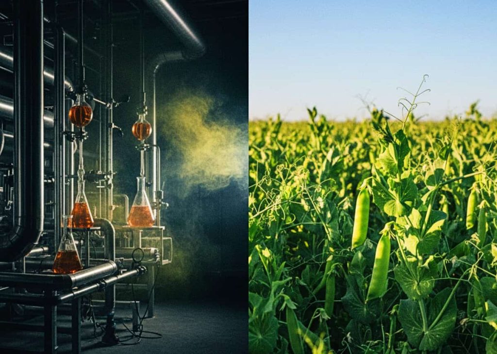 Split screen showing a green pea field on the left and a dark industrial chemical processing plant on the right.