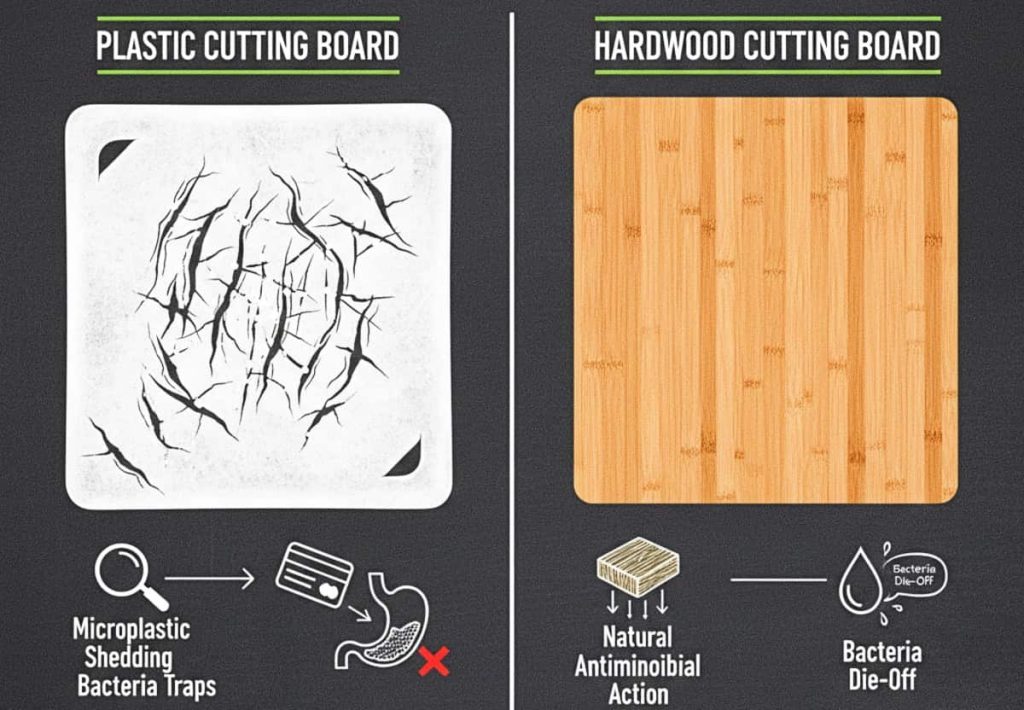 Infographic comparing plastic vs. wood cutting boards: plastic shows microplastic shedding and bacteria traps, while wood shows natural antimicrobial action.