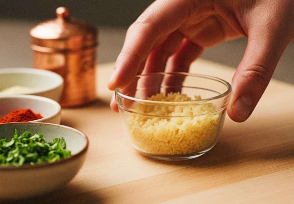 A hand organizing bowls of ingredients to show the mise en place process.