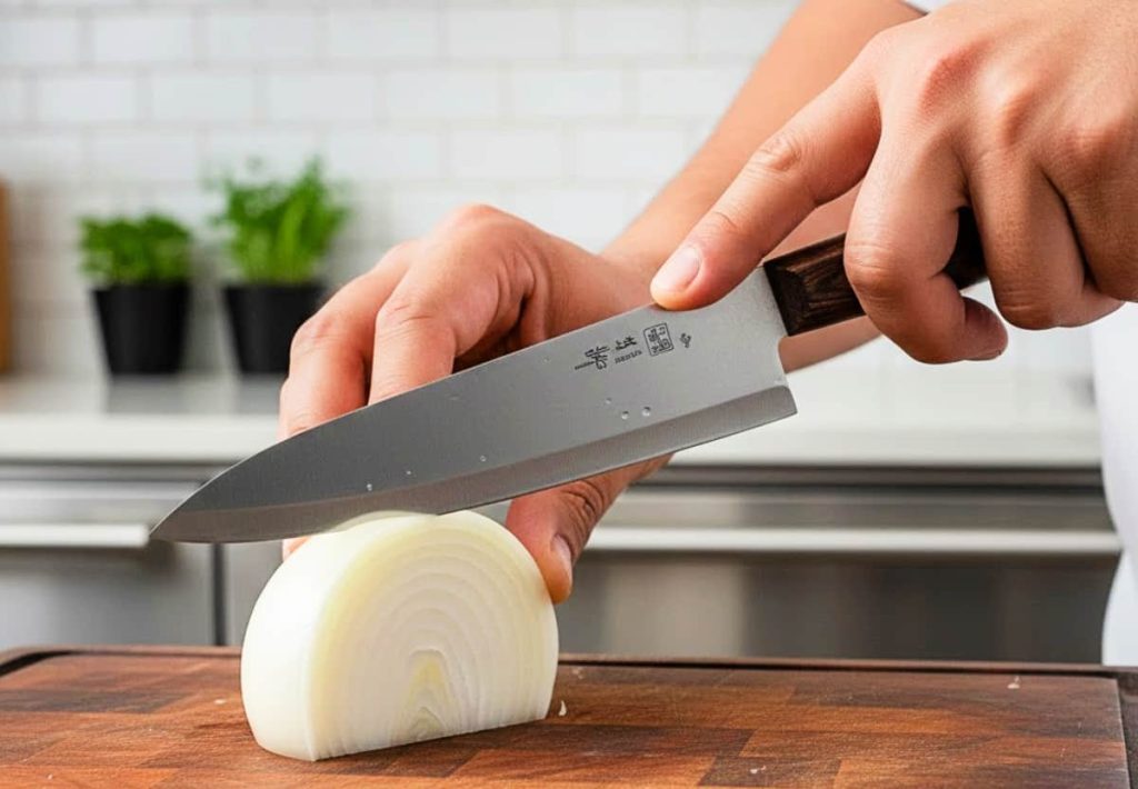 Close-up of a professional chef using a sharp knife to slice a white onion on a dark wooden board.