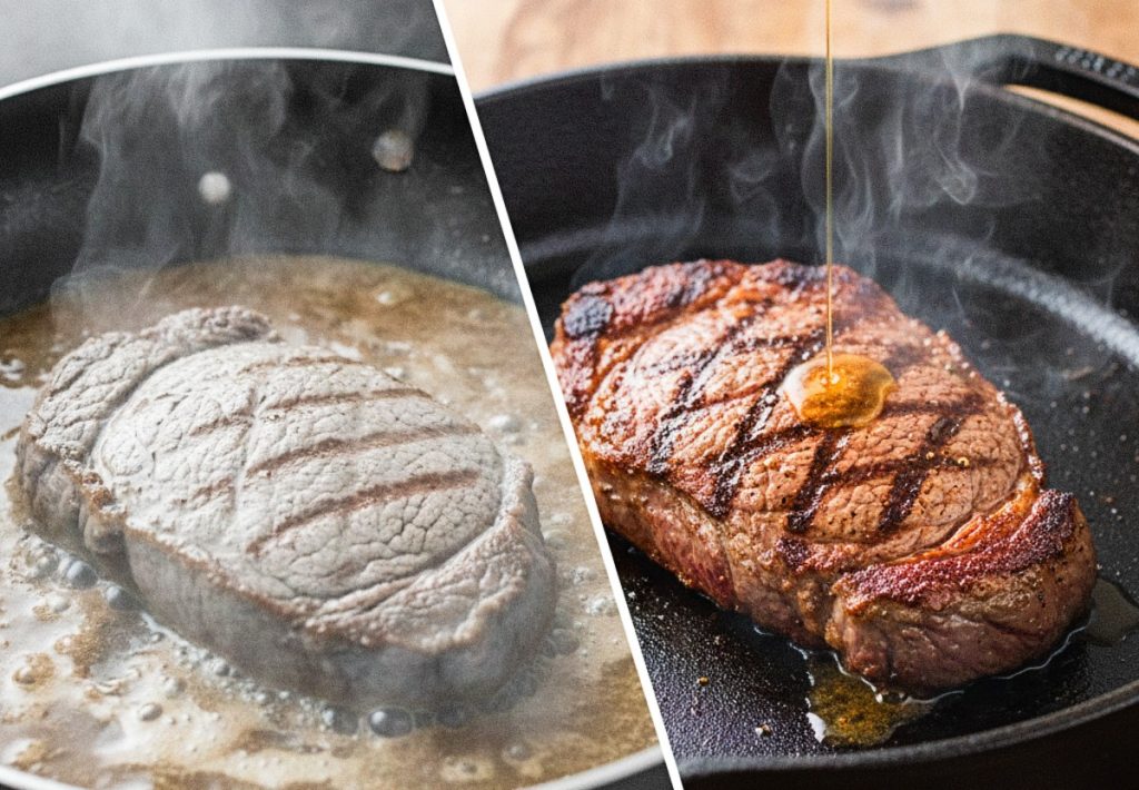 Split screen showing a perfectly seared steak with a dark crust on the left and a pale gray steak boiling in a thin pan on the right.