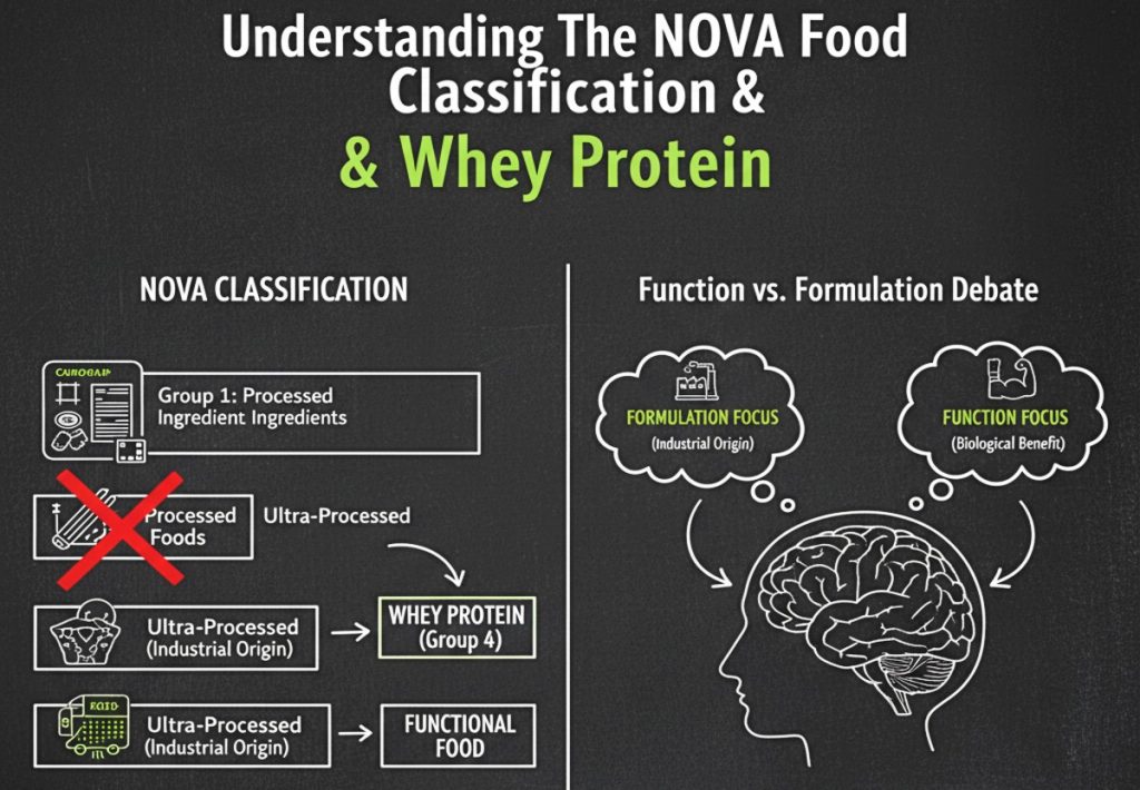 An infographic explaining the different levels of food processing, highlighting where functional whey protein fits compared to junk food.