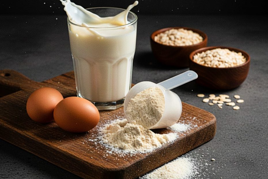 A scoop of clean, white whey protein powder next to fresh whole food sources like milk and eggs, illustrating the balance between supplements and whole nutrition.