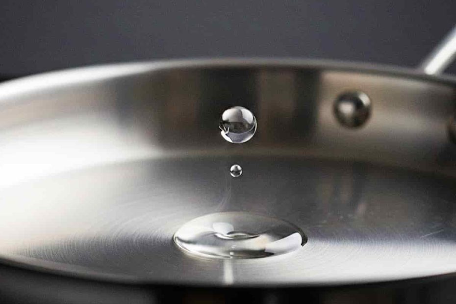 Stainless steel pan with a water droplet and the text Master the Pan.