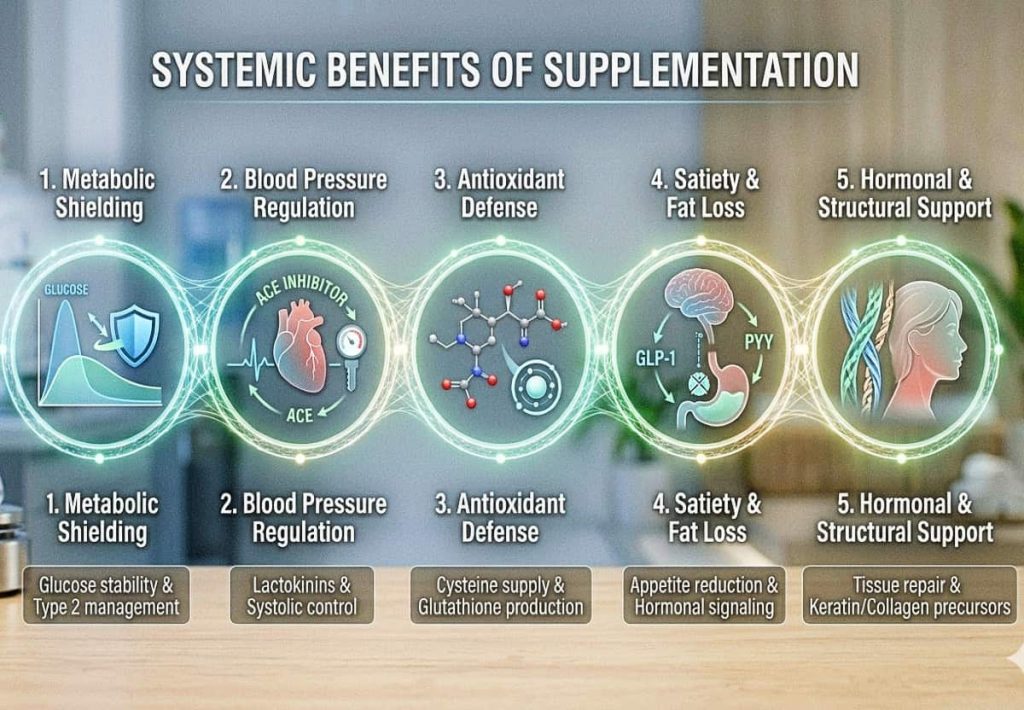 An elegant infographic highlighting the five key benefits of whey protein: blood pressure regulation, antioxidant defense, glucose stability, satiety, and structural tissue support.