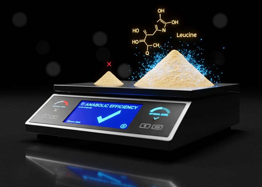 Precision lab scale comparing a small, insufficient pile of protein against an optimized dose, with a leucine molecule hovering above.