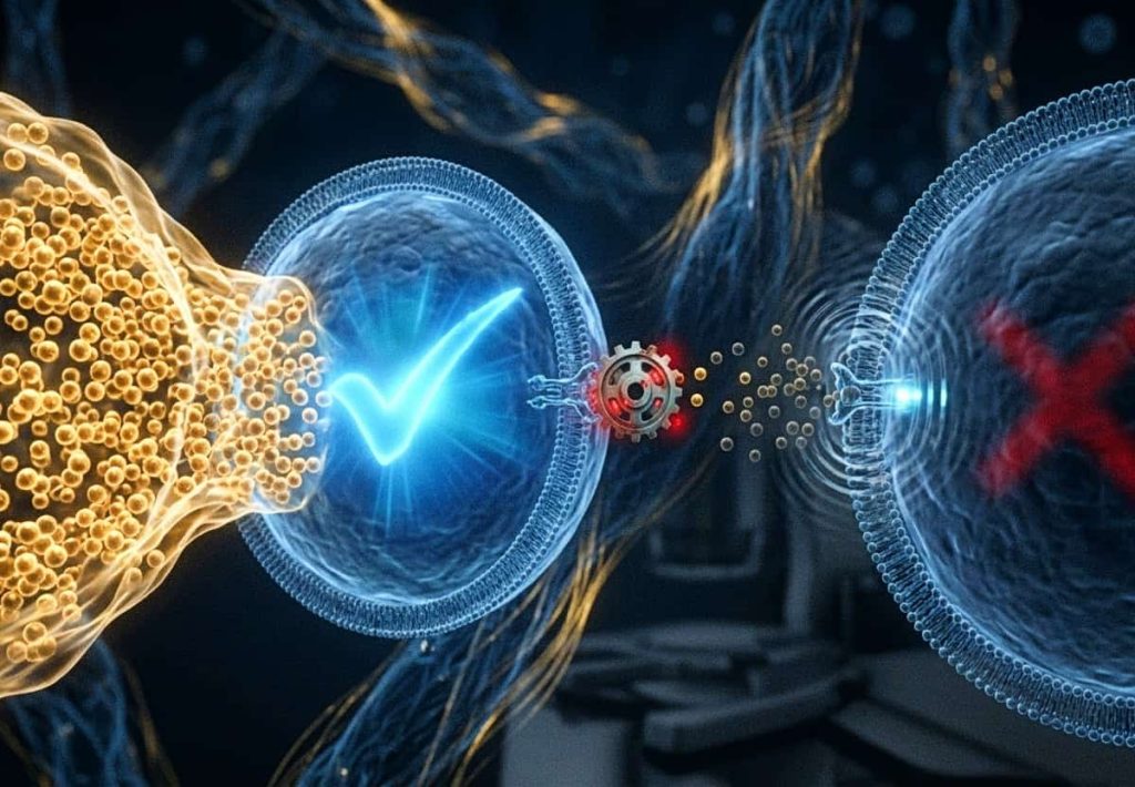 A conceptual biological comparison between efficient protein utilization (marked by a blue check) and anabolic resistance (marked by a red X) at the cellular level.