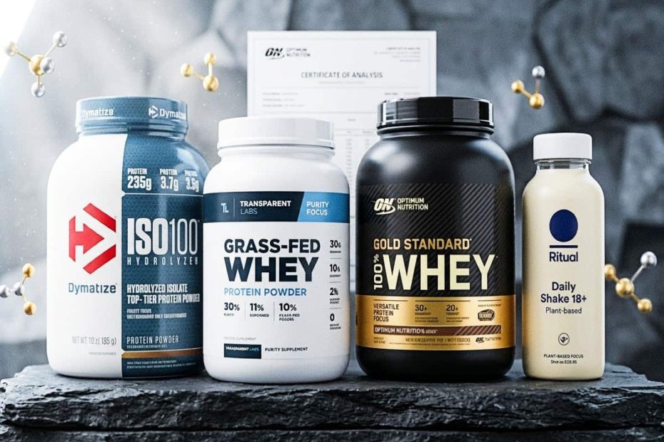 A premium display of top-rated protein powder containers on a clean marble surface, representing the 2026 performance and purity standards.