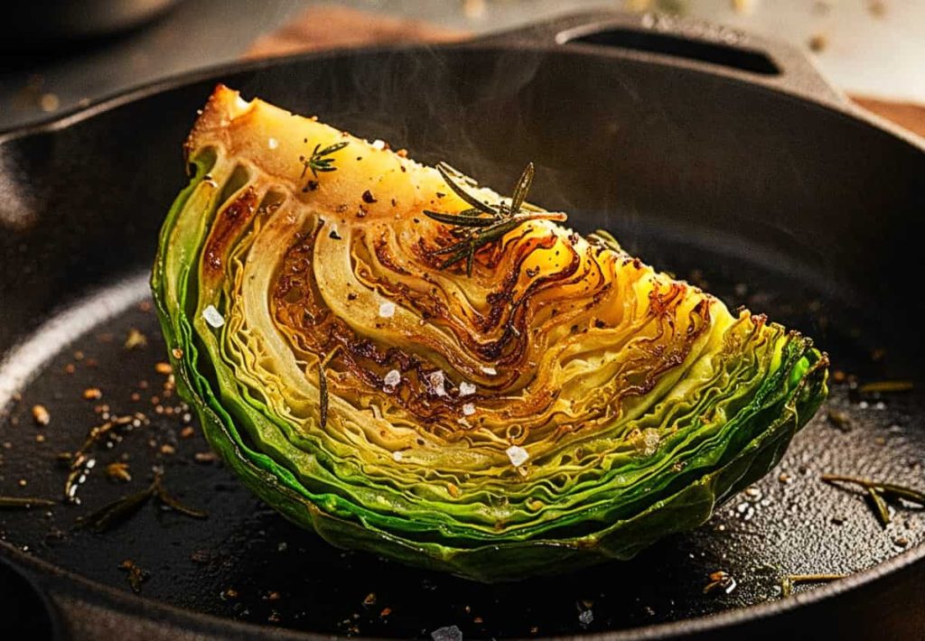 A freshly cut head of green cabbage on a kitchen counter to showcase why is cabbage good for you and its nutritional benefits.