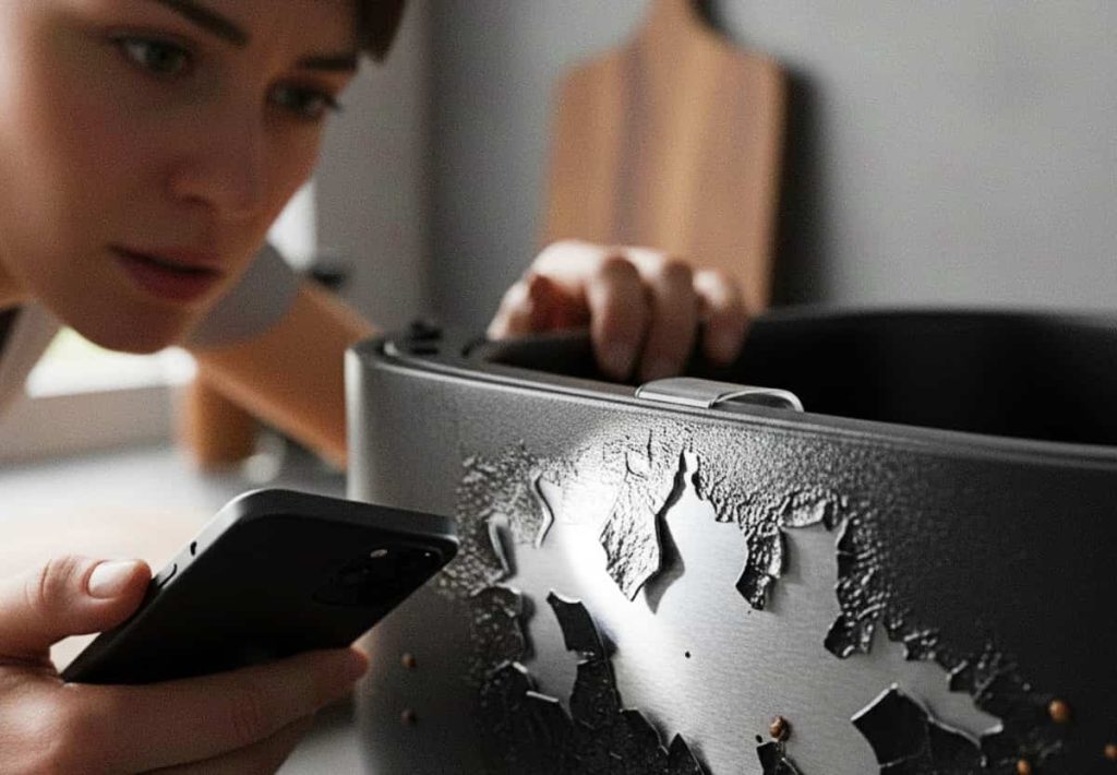 A damaged non-stick basket showing silver flakes to explain is your air fryer peeling and the danger of exposed metal.