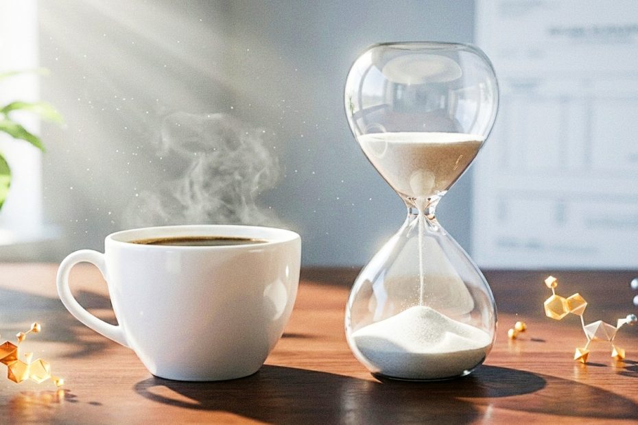 A cinematic shot of a steaming cup of black coffee next to a modern minimalist hourglass on a sunlit wooden table.