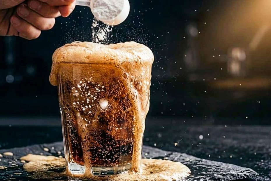 A scoop of creatine monohydrate powder being poured into a glass of dark soda, causing a messy carbonated foam eruption.
