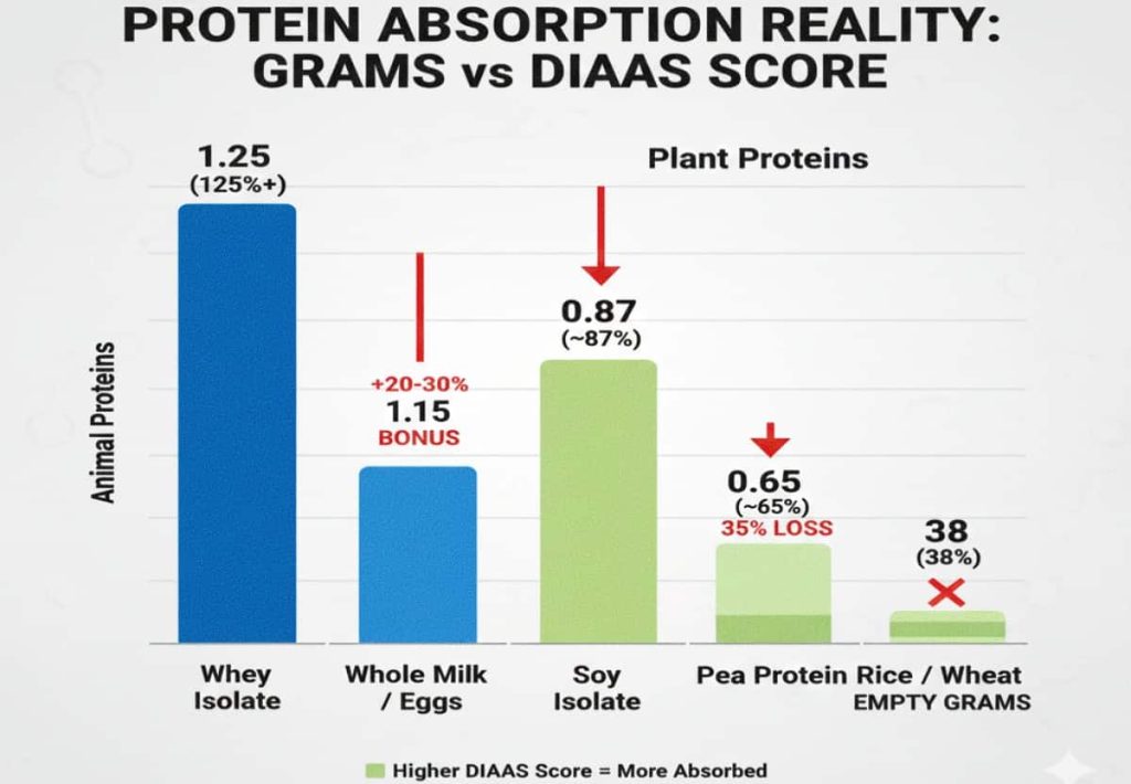 Bar chart comparing the DIAAS absorption scores of animal-based proteins versus plant-based proteins, highlighting the protein absorption gap.