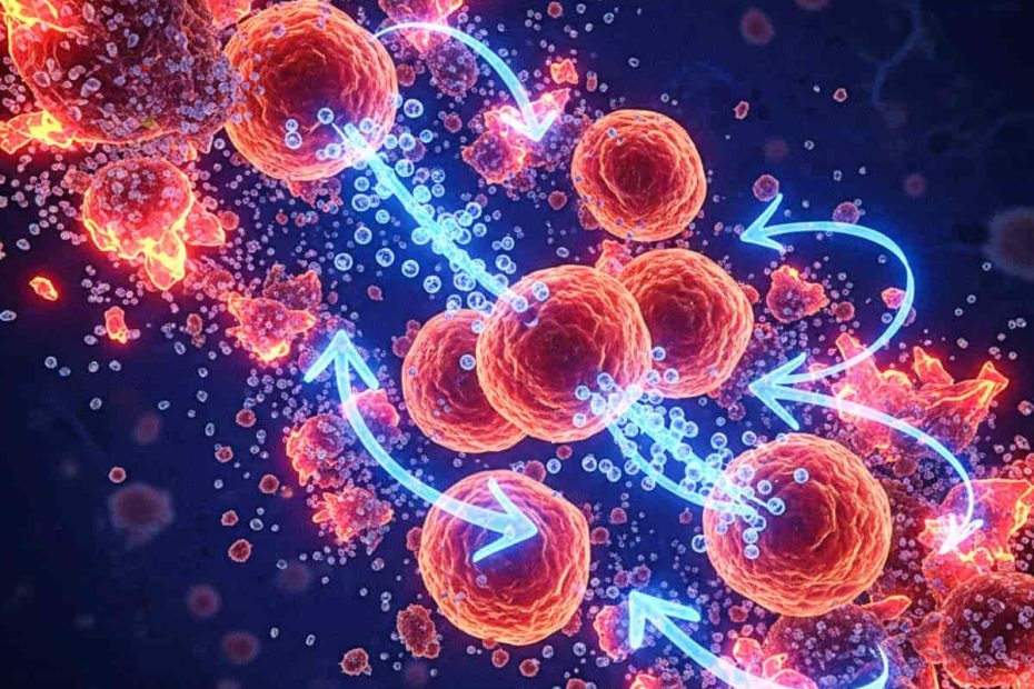 Digital microscopic visualization of the osmotic trap showing cellular dehydration caused by excessive sodium concentration in functional water.