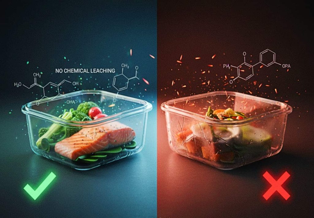 A visual comparison between food heated in an inert glass container and a plastic container showing molecular chemical leaching.
