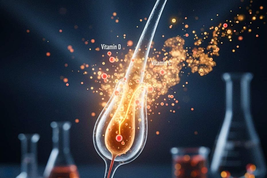 A high-magnification scientific render of a human hair follicle interacting with glowing Vitamin D and Vitamin C molecules in a laboratory setting.