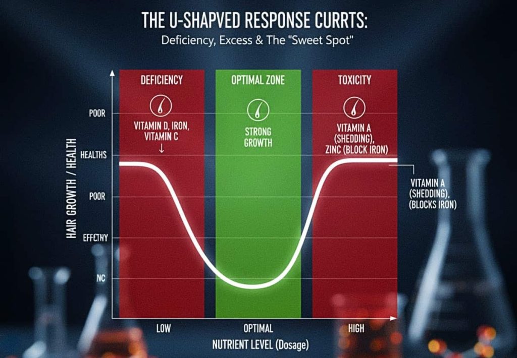 A scientific infographic chart demonstrating the U-shaped response curve of hair growth, mapping the relationship between nutrient dosage, deficiency, and toxicity.