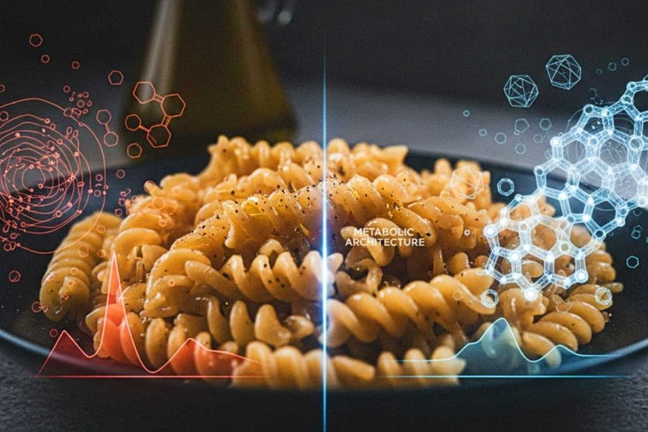Macro shot of pasta showing metabolic architecture and the molecular transition of starch structure for blood glucose management.