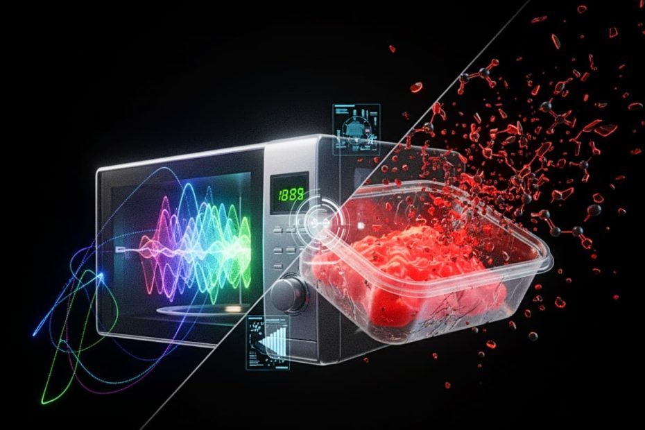 Visualization of a microwave oven showing the contrast between electromagnetic waves and the structural degradation of plastic containers releasing chemical particles.