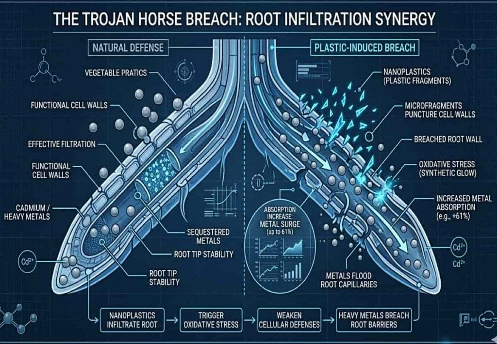 Diagram showing how nanoplastics in fresh produce facilitate cadmium absorption in lettuce roots, demonstrating the Trojan Horse effect.