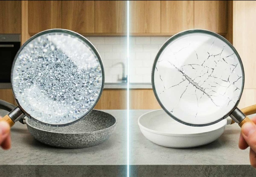 A side-by-side comparison of a white skillet and a grey pan to analyze ceramic pans vs granite stone safety.