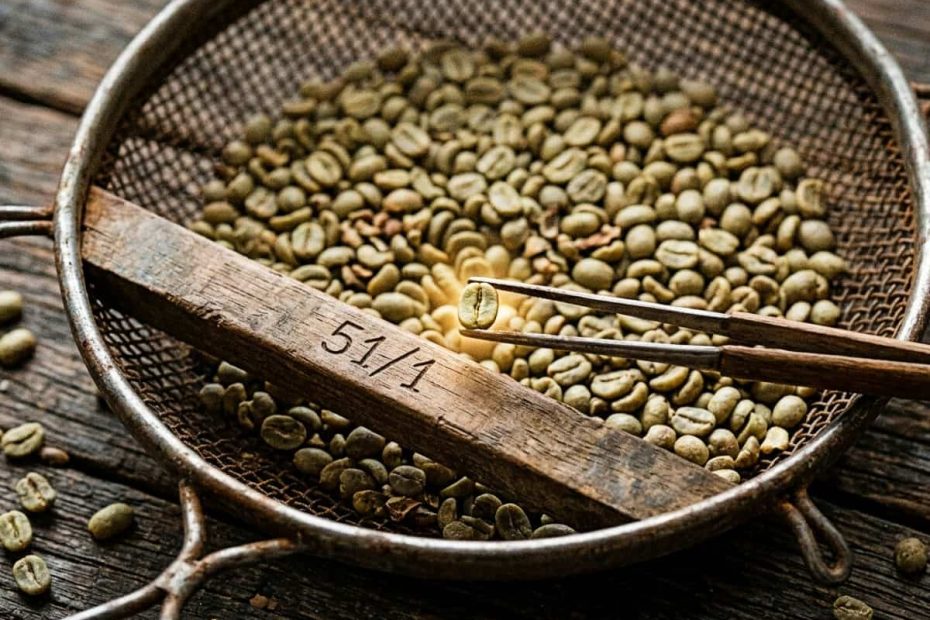 A high-resolution overhead macro photo of defective raw green coffee beans in an old metal sieve, with a wooden-handled pincher isolating a single perfect green bean, and the text "51/1" etched on the wood.