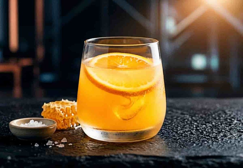 A luminous glass of orange and honey electrolyte drink on a dark stone surface with the title TIMING THE GOLDEN WINDOW.